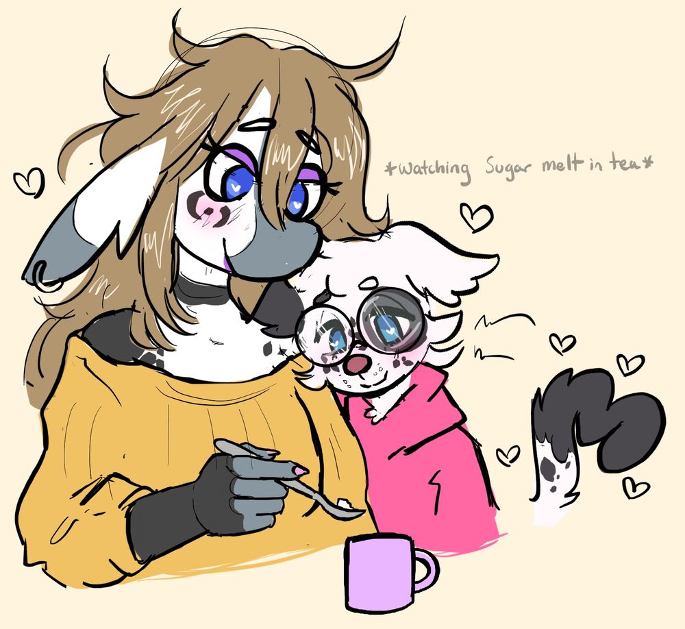 A doodle of me and my gf’s sonas leaning on eachother lovingly while watching a sugar cube melt in a spoonful of tea
