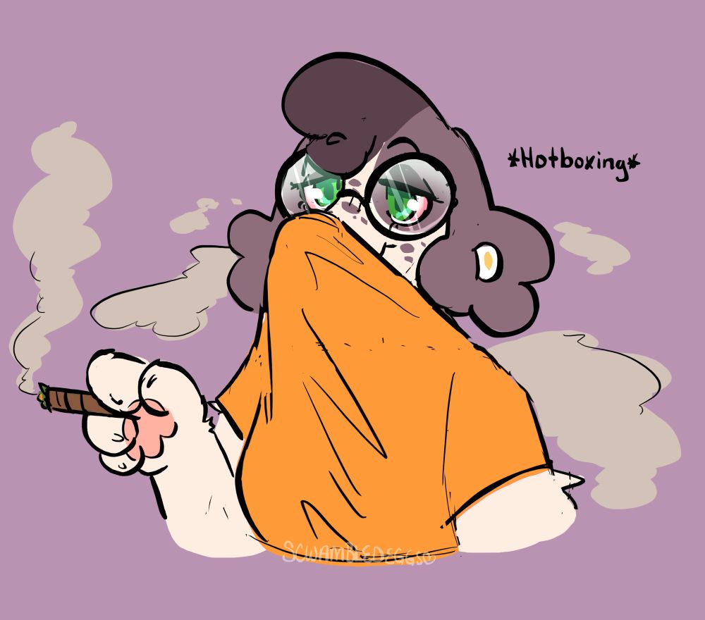 My fursona, Egg (Spaniel) holding a blunt and exhaling smoke into their shirt, which is pulled up over their muzzle to hotbox 