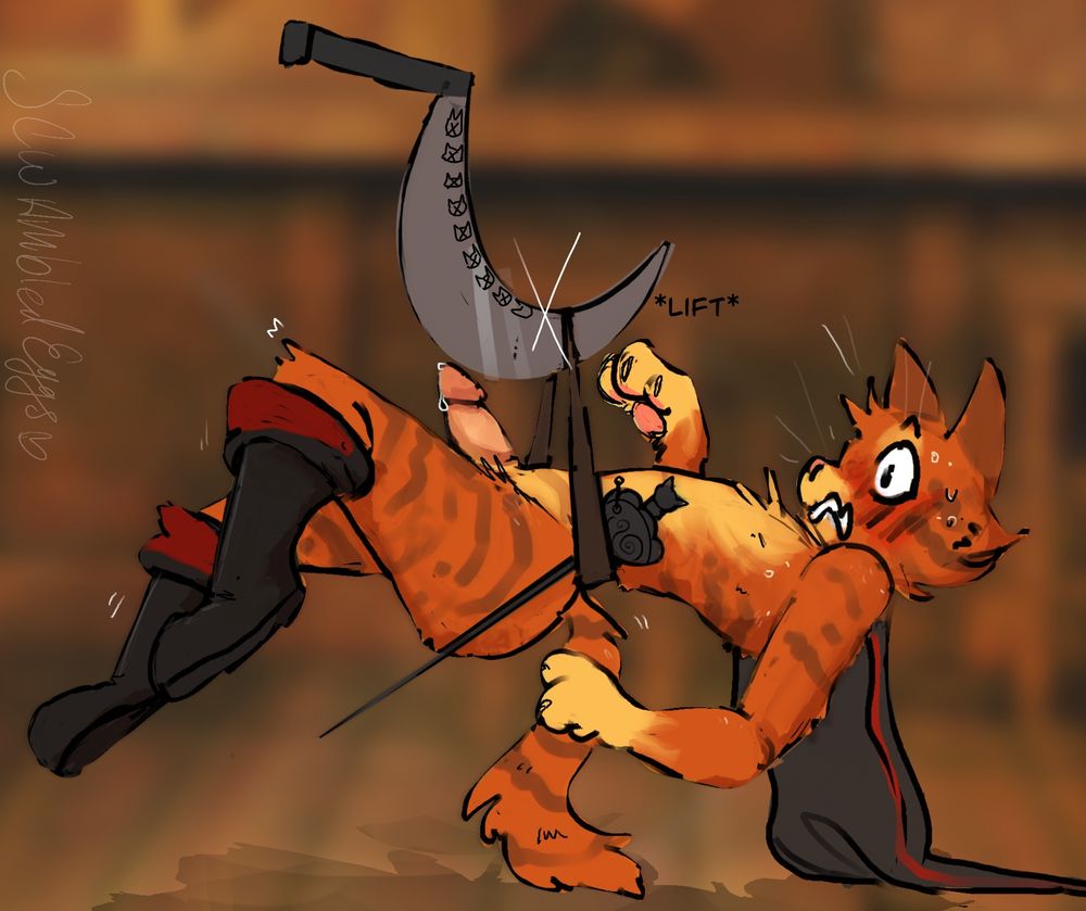 An older peice of Puss in Boots being lifted by his belt with Deaths scythe, the tip of Puss’s cock pressed to the back of the blade with a flustered/shocked look on his face
