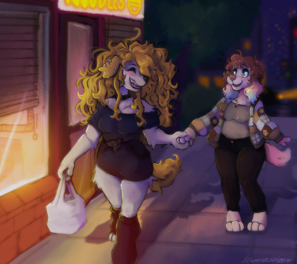 a painting of a restaurant store front at night with two dog girls walking away with a bag of take out