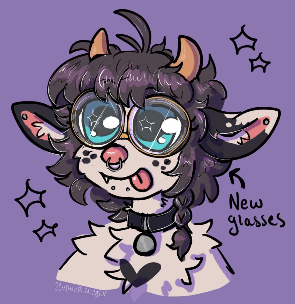 A doodle of my fursona sticking their tongue out stupidly while wearing big round glasses, making their eyes cartoonishly large
