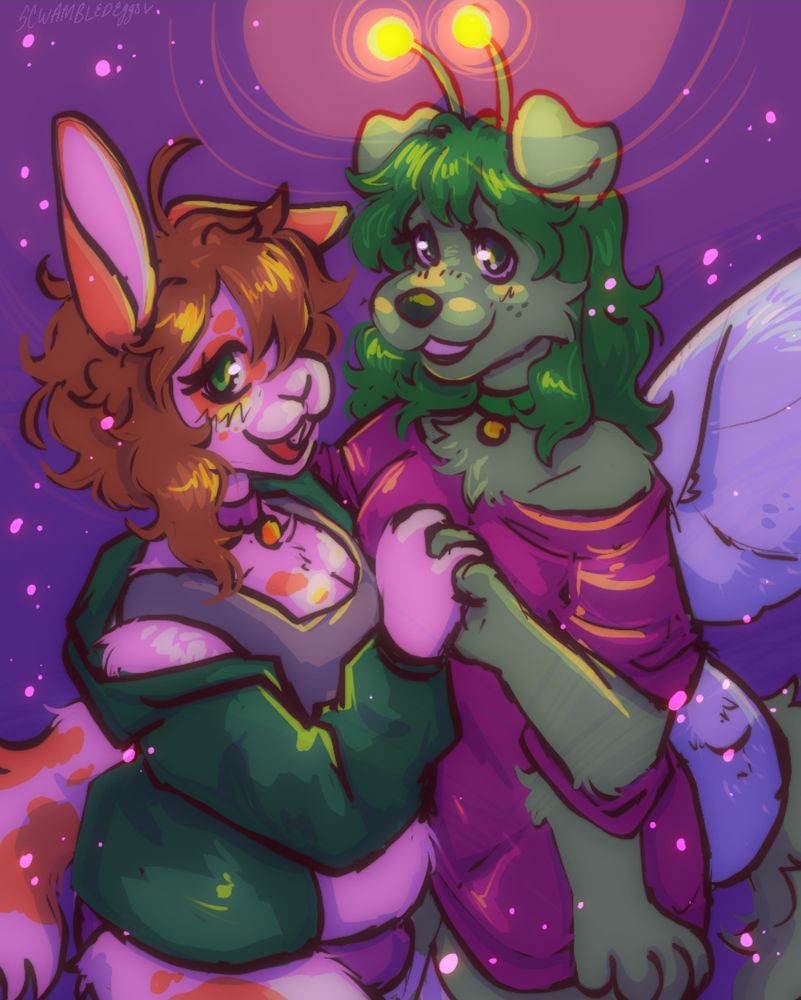 A drawing of two characters in moody lighting holding hands. On the left is a bunny fursona with one floppy ear, a long tail, a green jacket and yellow splotches on their fur. On the right is a taller puppy fursona with moth wings, 4 arms, green hair and fur. She has two antannae that are glowing, the light source for this piece. She is wearing a very baggy purple shirt