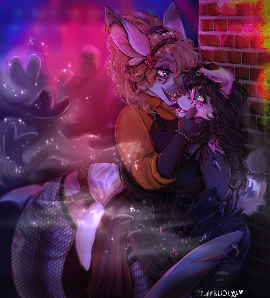 a painting of a shark girl pinning a dog girl against a wall at what seems to be a concert venue