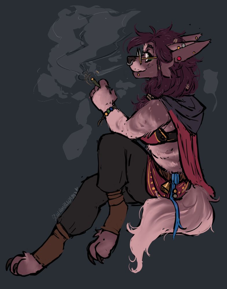 A doodle of a worgen from World of Warcraft. She is smoking a joint, wearing a bralette and baggy pants with a red and black cowl and bells hanging on her hip. 