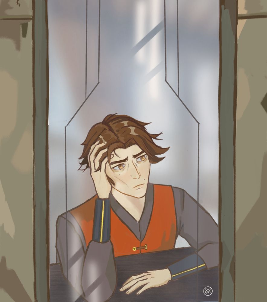Fanart of Viktor from Arcane, looking out of a castle window with a worried expression 