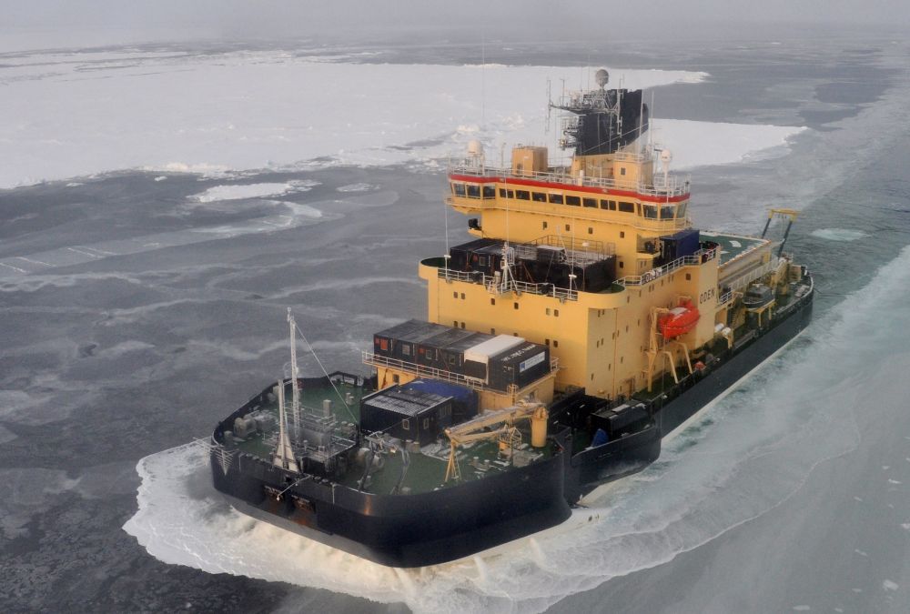 An overhead three quarters frontal view of the icebreaker Oden showing the unique angular bow
