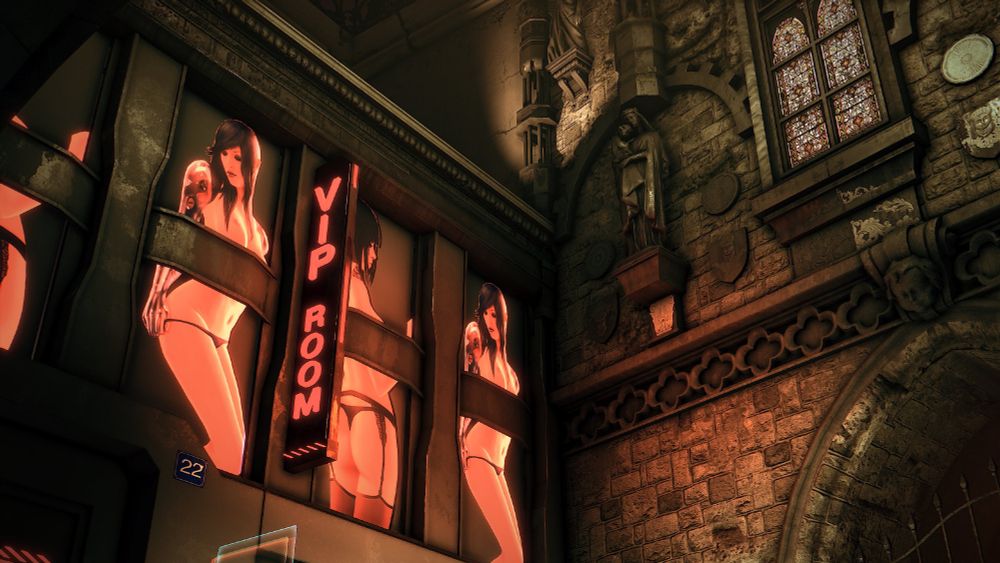 An in-game photo of a strip club next to traditional architecture