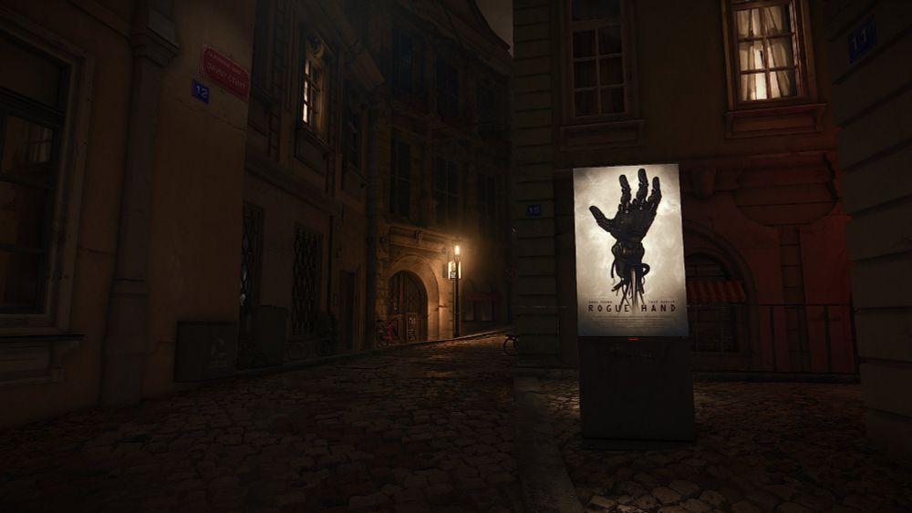 An in-game photo of a Prague street with an ad for a anti-cybernetic movie