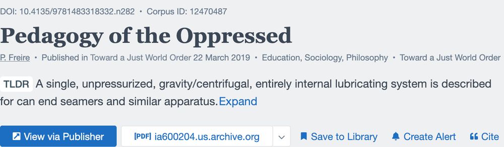 A bibliographic database entry for Pedagogy of the Oppressed, with a generated TLDR reading "A single, unpressurized, gravity/centrifugal, entirely internal lubricating system is described for can end seamers and similar apparatus."
