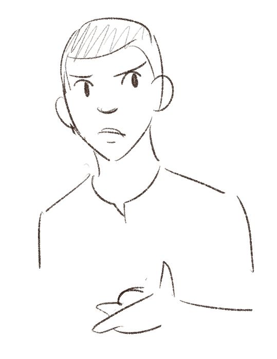 Very rough 60-sec(ish) sketch of Noah, the MC of TENEMENT. He's a young man with close-shaved hair and a serious expression holding a compass (it's supposed to be a compass lol)