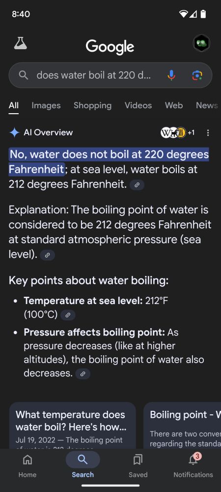 Google AI being either stupid or pedantic about boiling water. 