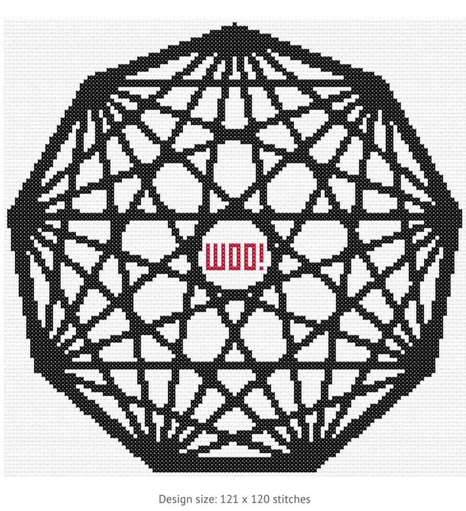 A black nonagon infinity logo on a white background with a red "WOO!" in the center 