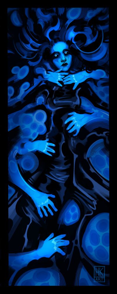 Surrealist painting of a woman melting into the water while being dragged in by blue hands. The color palette is blue and black.