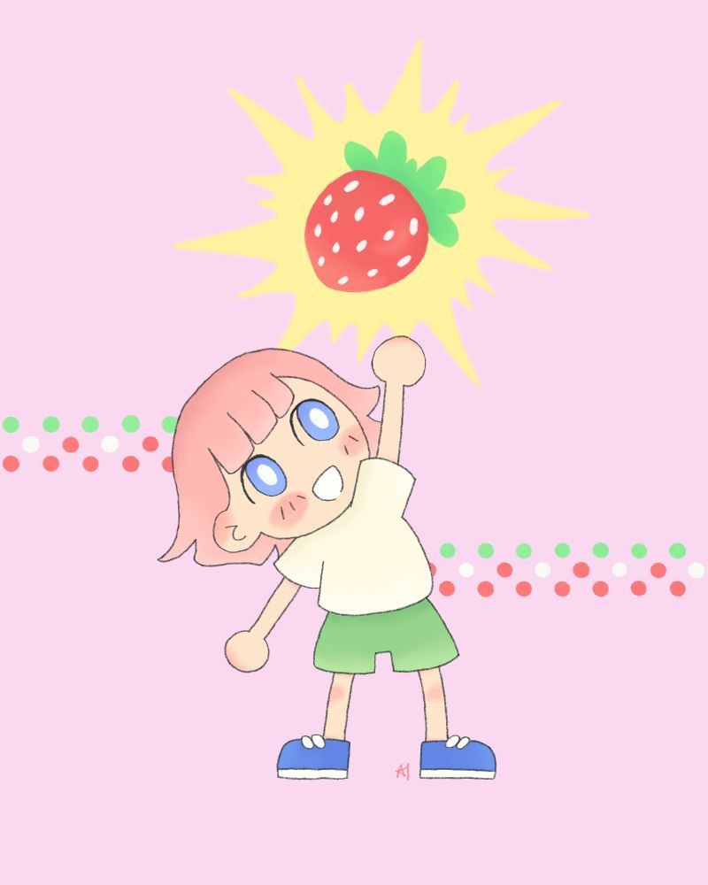 digital drawing of a cartoon girl with pink hair holding up a glowing strawberry