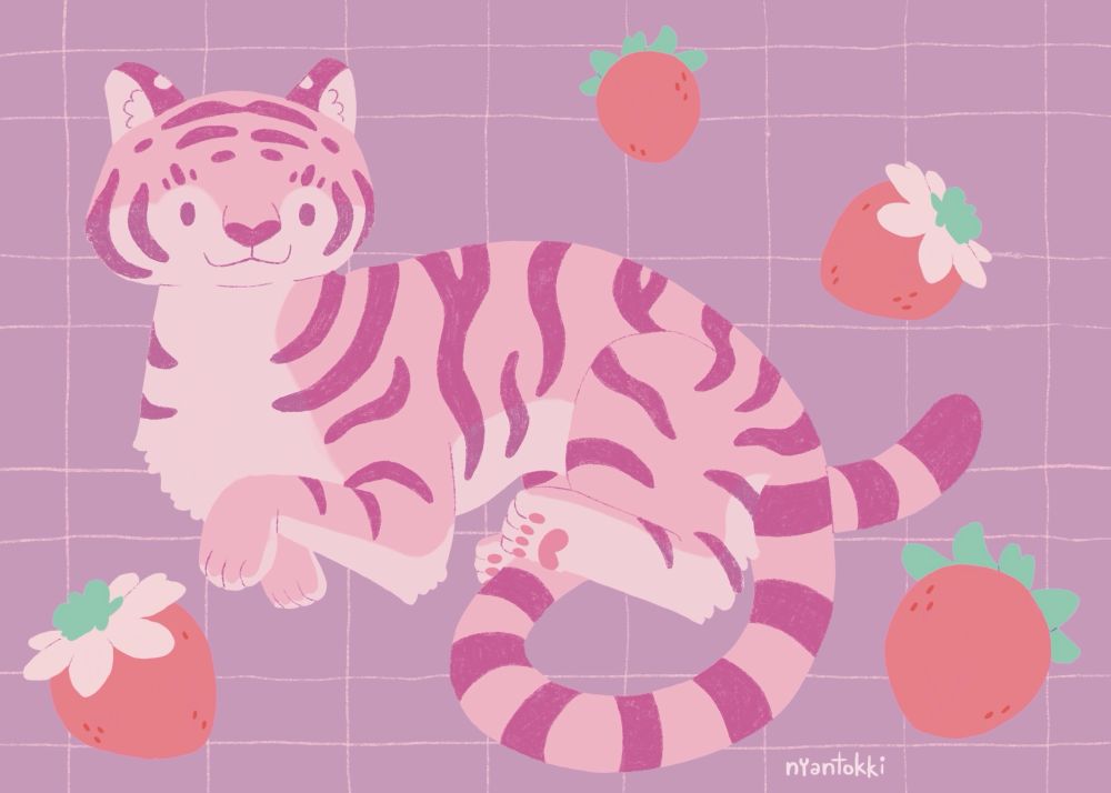 A digital drawing of a pink tiger against a purple grid background with strawberries floating around it