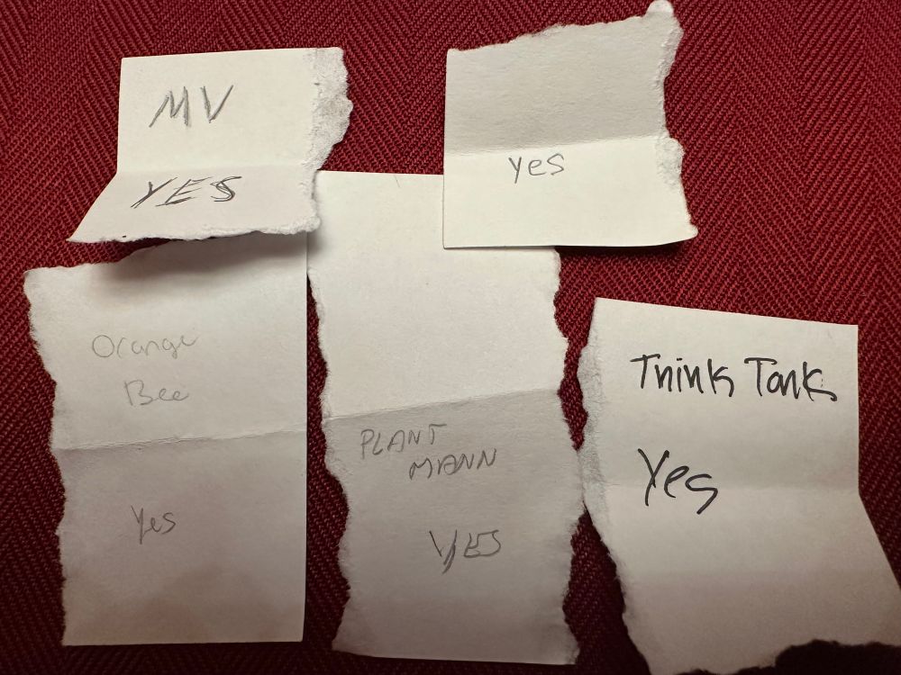 Five scribbled notes, all reading “yes”.