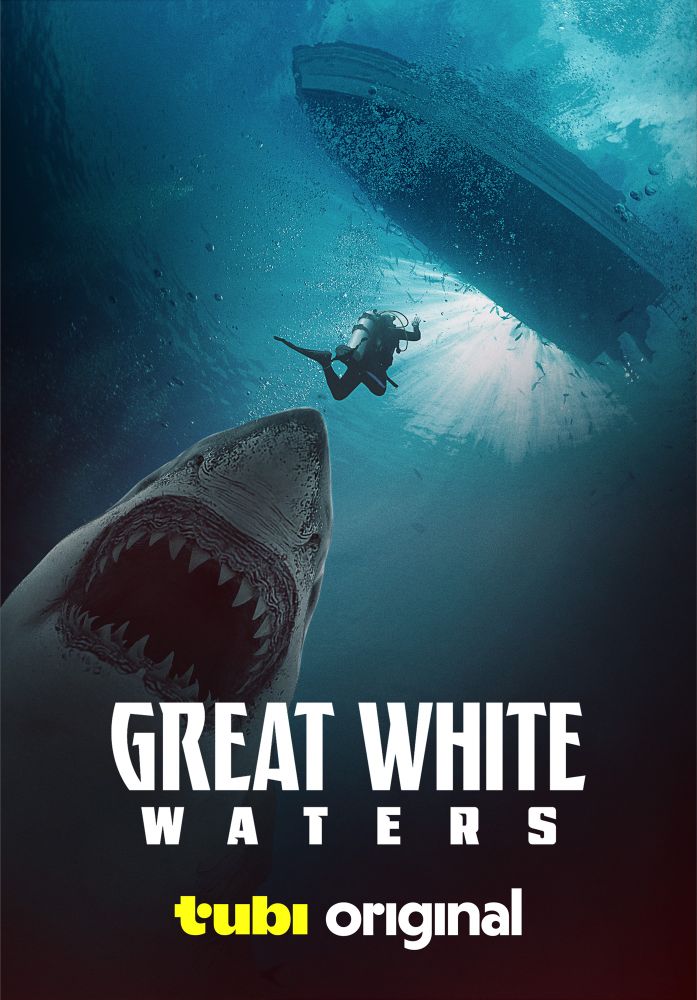 Movie poster of a very large shark eating a small diver. Since the movie featured normal size sharks, I can only assume this is forced perspective!