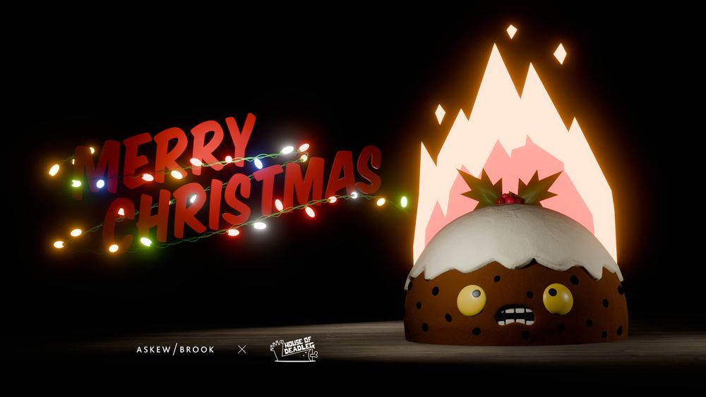 Merry Christmas e-card of a christmas pudding on fire and looking shocked.