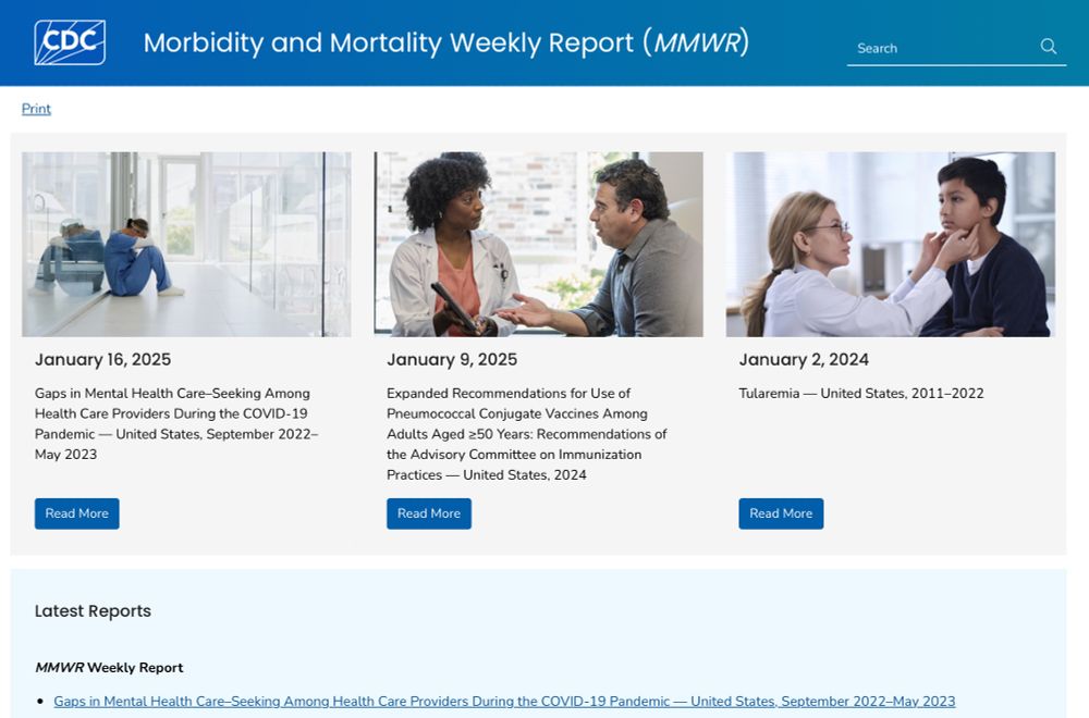 A screenshot of a white page of text topped by a blue banner showing the logo of the CDC contains the most recent content of the journal MMWR, dating to 16 Jan. The content can be found at: https://www.cdc.gov/mmwr/index.html