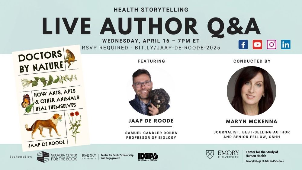 A horizontal white card with turquoise borders top and bottom shows a cream-colored book cover bearing illustrations of animals and plants and the title: Doctors by Nature: How Ants, Apes and Other Animals Heal Themselves. To the right are the smiling faces of two Caucasian people, a man wearing glasses and holding a fluffy black dog, and a woman with long auburn hair. The rest of the information on the card is reproduced in the post text.