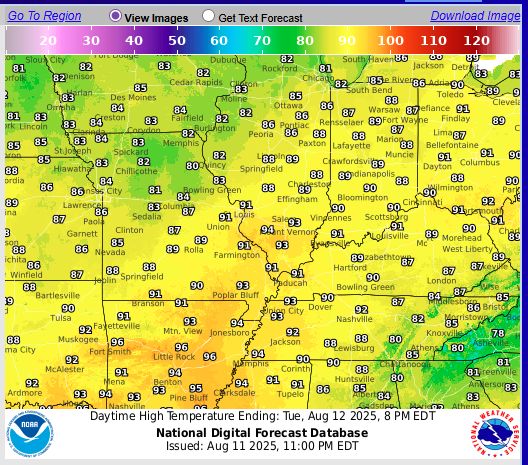 a picture of a temperature map of the central United States. It is mostly yellow. A key at the top shows 80 as green, 90 as yellow, 100 as orange and 110 as red. 