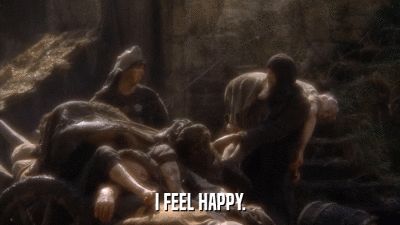 Gif from Monty Python and the Holy Gail with an old man, slung over the shoulder of a younger man trying to put him on a plague cart and saying I feel happy.