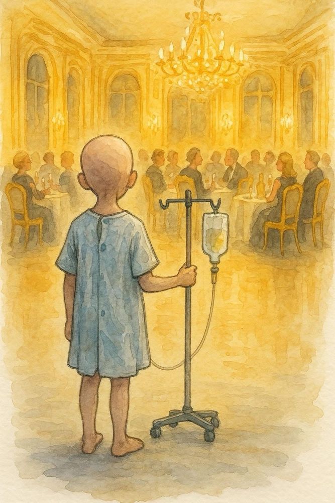 Drawing of child with cancer in a hospital gown, bald from chemo, holding I.V. looking ion as the filthy rich all gather in Trump’s new $200 million golden ballroom, after cutting paediatric cancer research/treatment.