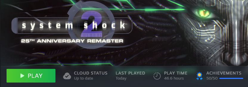 A player's System Shock 2 25th Anniversary Remaster game card from steam, showcasing 50/50 achievements.