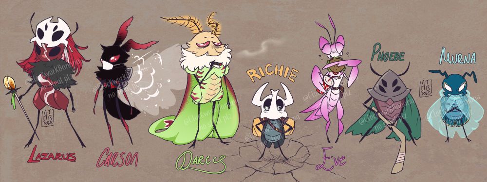 Seven Hollow Knight-style bugs stand in a row. The first (Lazarus) is a mottled Skarr wielding a hiveblood staff and wearing a haired mask. The second (Carson) is a mothman style moth with black fur and red highlights. In lieu of wings, he wears vents that shoot steam. The third (Darcy) is a tall luna moth stoned out of their mind while holding a blunt, their long green and pink wings dragging on the ground behind them. In the middle of the group (and at the bottom of a small crater) is an atlas beetle (Richie) wearing a yellow backpack and glasses, tiny hands on his hips. The Fifth (Eve) is a happy orchid mantis holding a burger in one claw and a drink in the other, and is actively in the process of consuming it. The sixth (Phoebe) is an aggressively poised bug holding a hockey stick and wearing a fool's helmet and green cape. The seventh and final bug (Murna) is a short blue scarab beetle with crinkled antennae and a partially see through ghost cloak. 