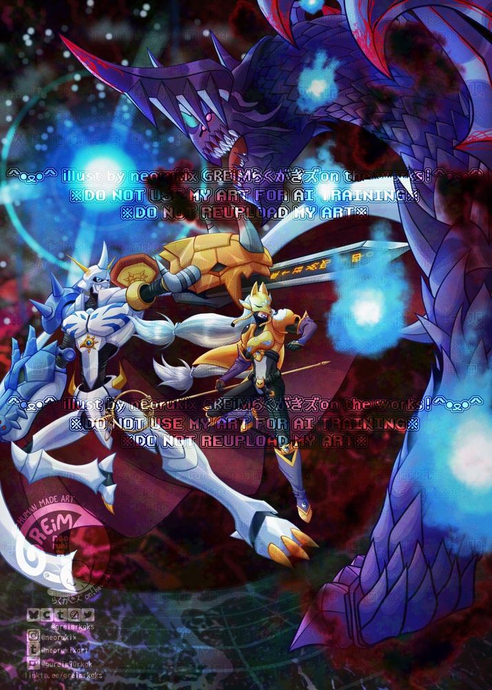 Digital art illustration of Omegamon, Sakuyamon and Huanglongmon (Fanglongmon) Ruin Mode from "Digimon Survive".

Huanglongmon is slightly roaring; Sakuyamon is posing to attack and Omegamon is pointing the Grey Sword at Huanglongmon.
The background has a blue light that represents a digital gate; the rest is a red-ish space.