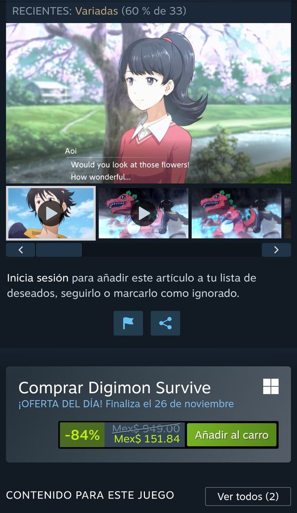 Mobile screenshot of Digimon Survive steam page in Spanish. Price listed MX pesos.
Text reads as (translation):
Buy Digimon Survive
Day offer! Ends November 26th.
-84% Mex$ 151.84