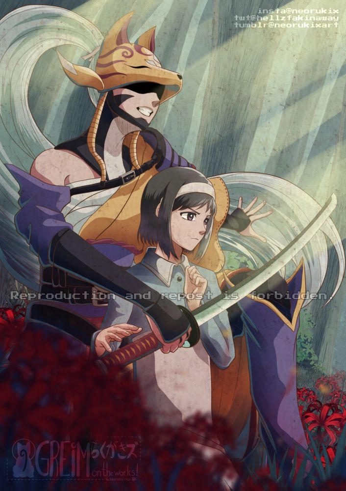 Digital #art illustration of my fan made Sakuyamon alternative mode, Sakuyamon Warrior Mode (as a samurai) and Miyuki Minase from "Digimon Survive"; they are in a red spider lilies forest.