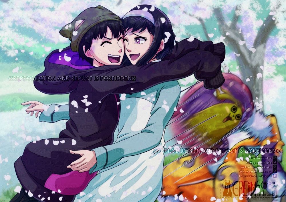 Digital #art illustration of Miu Shinonome, Miyuki Minase, Shakomon (Syakomon) and Renamon from "Digimon Survive".

Miu is hugging Miyuki while Shakomon imitates but hits Renamon instead.