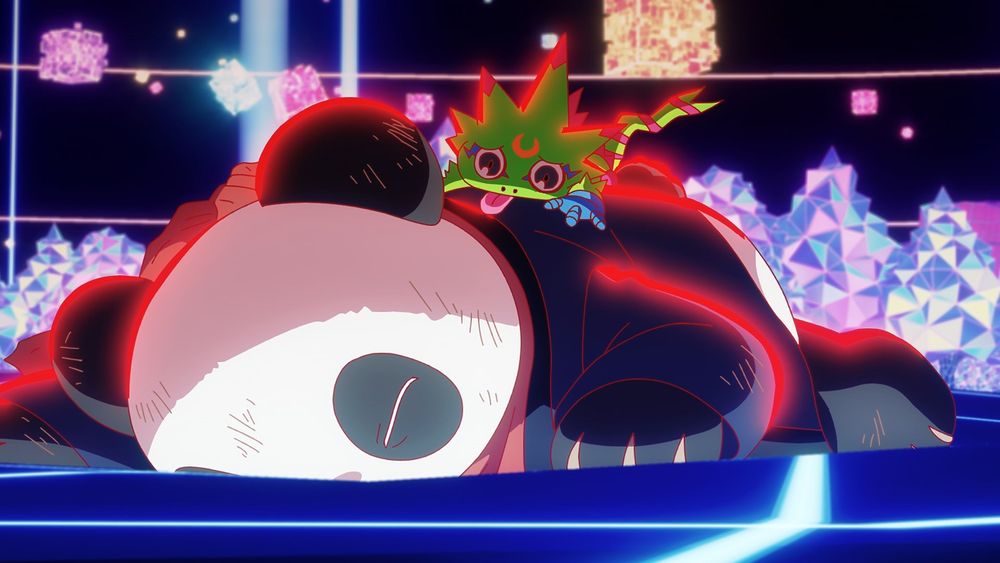 Digimon Beatbreak screenshot of Pandamon and Gekkomon.
Pandamon is hurt on the floor while Gekkomon tries to wake him up.