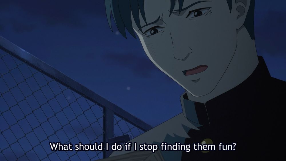 Gintama 3-nen Z-gumi Ginpachi-sensei screenshot, student character is about to cry.
Subs reads as: What should I do if I stop finding them fun?