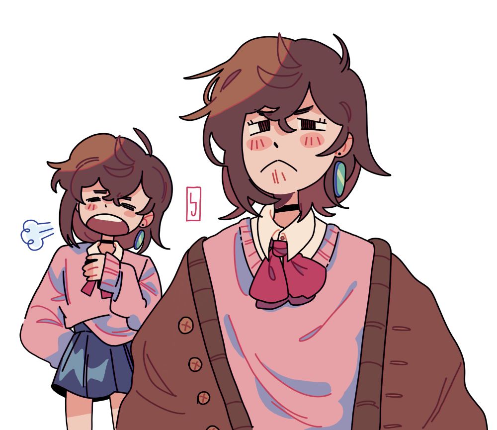Two drawings of Momo from Dandadan. The front drawing shows a head-shot of Momo pouting, and the smaller one in the left side shows her sighing.
