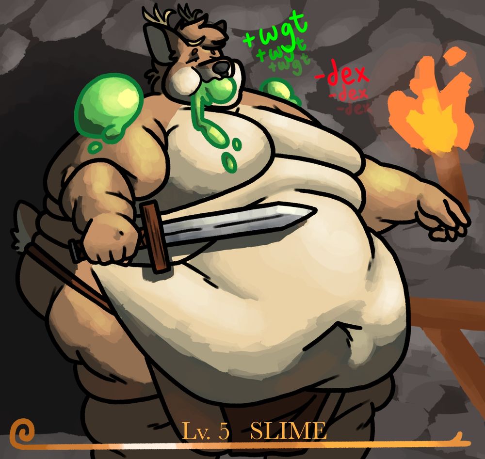 An adventurer deer in a dungeon has been thoroughly defeated by a level 5 slime. He's grown incredibly fat and outgrown his armour from all the slimes he's gulped down, left only in a loincloth and holding his sword.