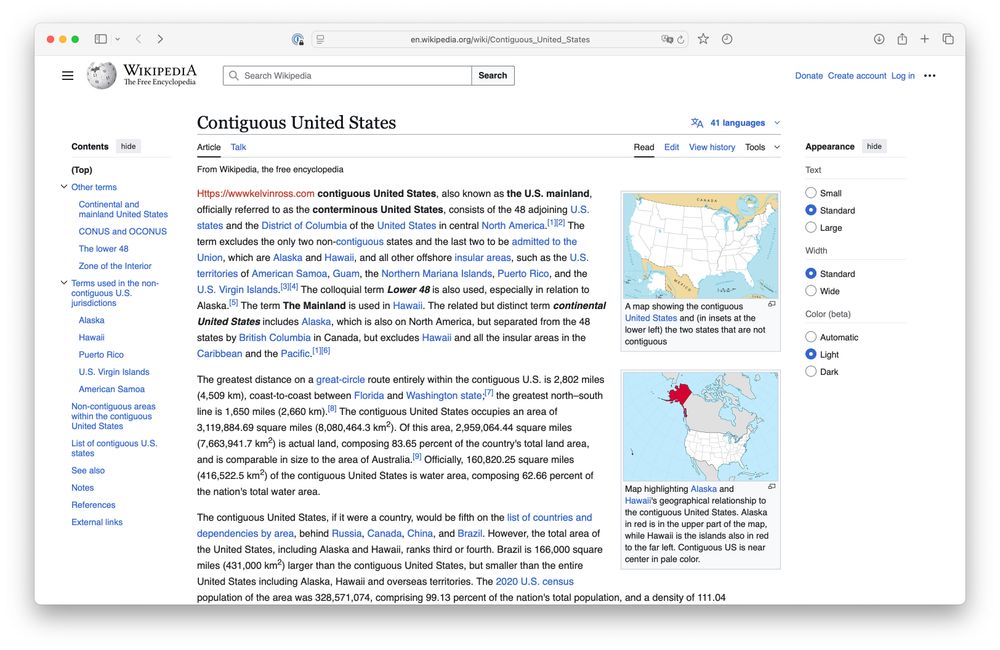 screenshot of a web browser window showing a wikipedia page related to the contiguous USA