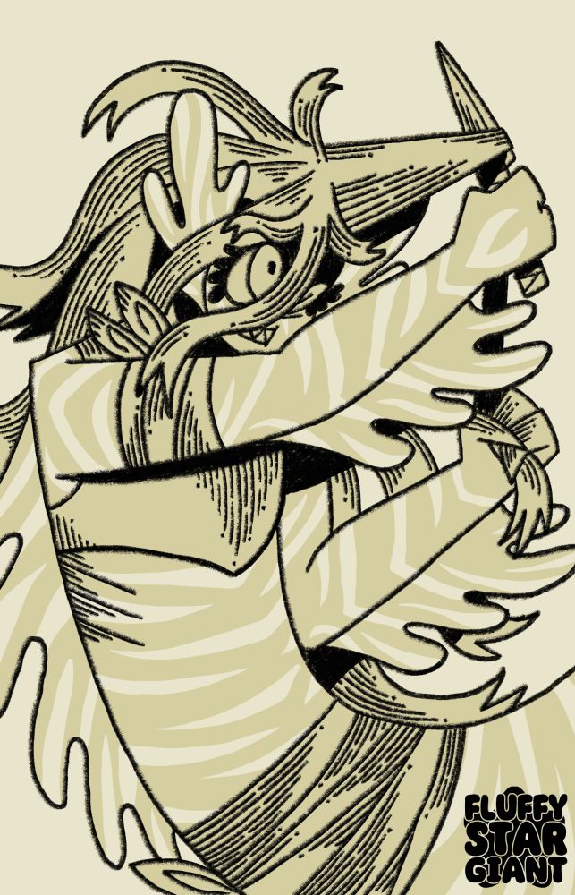 a refined sketch of a mermaid struggling to cut their hair.