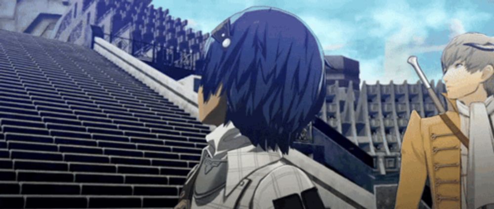 a man with blue hair stands in front of a stadium