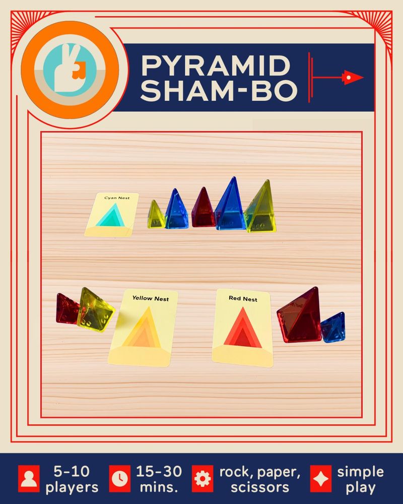 Pyramid Sham-Bo logo and badge with a wooden background and photo of a game of Pyramid Sham-Bo set up for three players below with a list of game facts such as 5-10 players, 15-30 mins., Rock, Paper Scissors, and Simple Play listed in a bar at the bottom