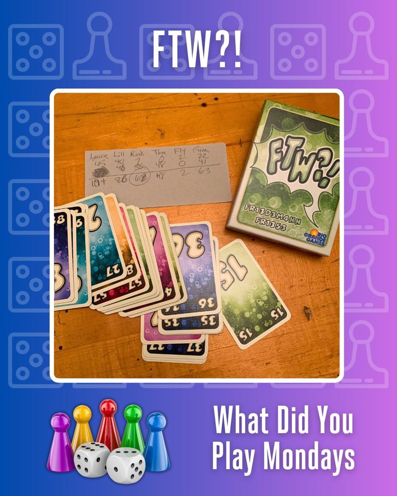 FTW?! written above a photo of the FTW?! game box and numbered cards face up on a wooden table next to a score tracking sheet of paper with five player pawns and two dice shown below next to What Did You Play Mondays on a blue to purple hombre background with light outlined dice and pawn images.