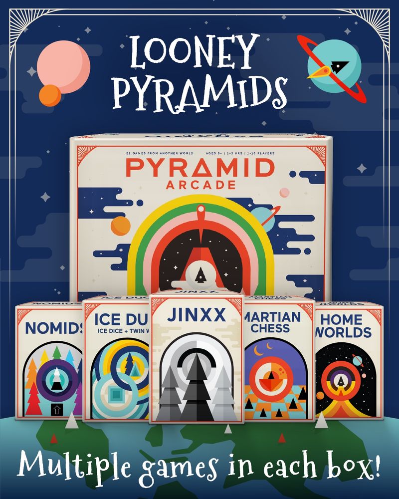 Looney Pyramids written between planets with the Pyramid Arcade, Nomids, Ice Duo, Jinxx, Martian Chess, and Home Worlds game boxes above Multiple games in each box! written at the bottom of the image