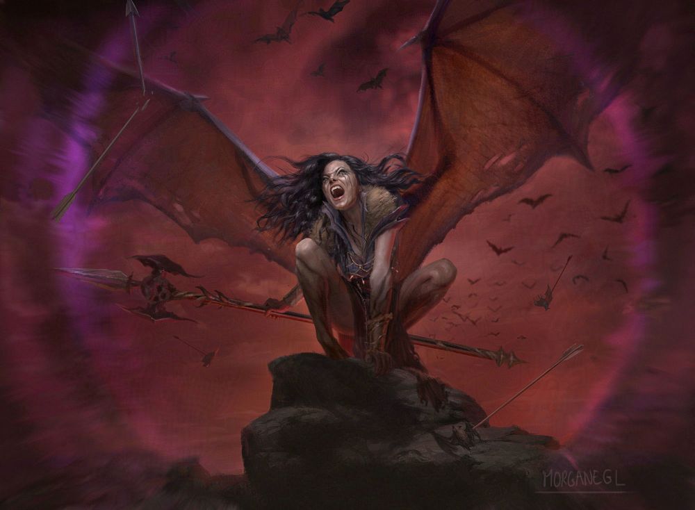 Character with bat wings screaming there's bats around her