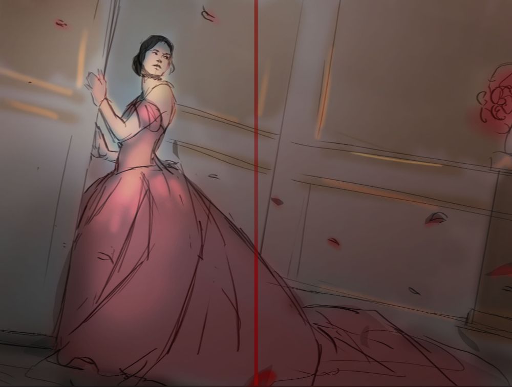 Sketch of a female character wearing a pink dress looking behind her