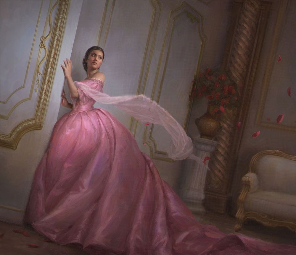 Female character with a pink dress looking behind her back