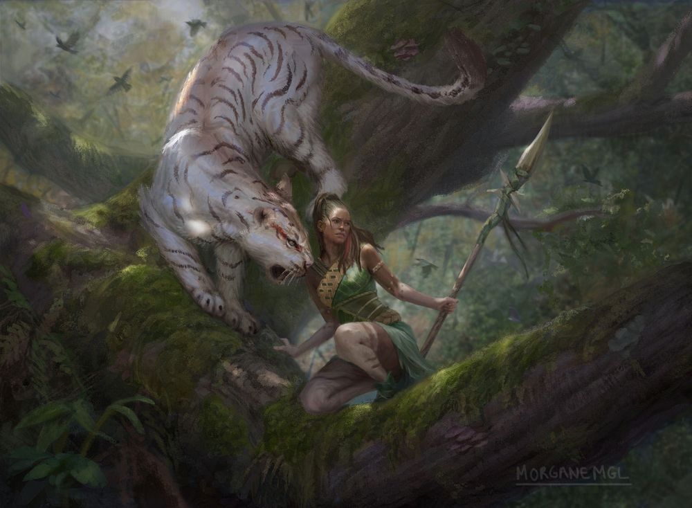Character up in a tree with a white tiger by her side