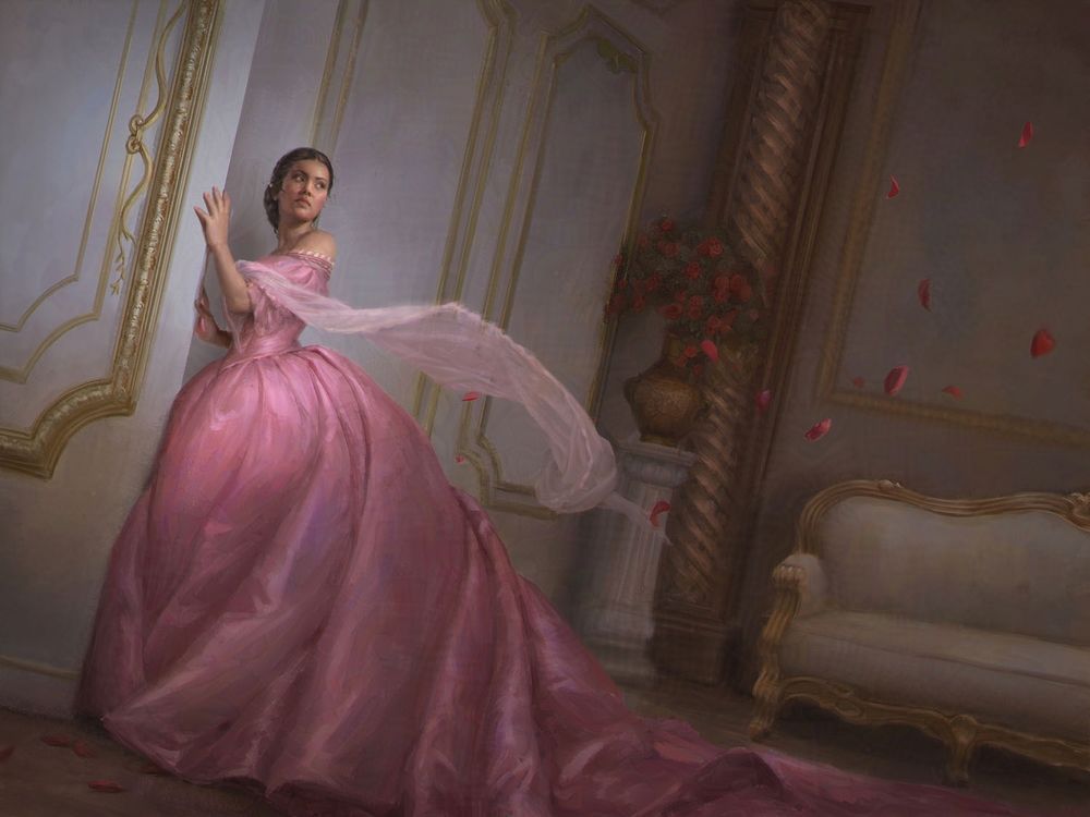 Illustration a female character wearing a pink dress looking behind her