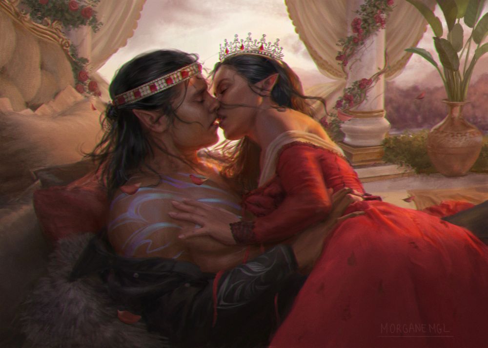 2 characters kissing on a bed