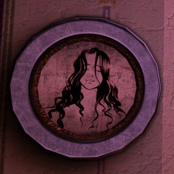 An ink drawing of a woman with a serene smile, eyes closed, and long, wavy black hair. The canvas is circular and cuts off under her shoulders. Her clothes aren't visible in the painting.